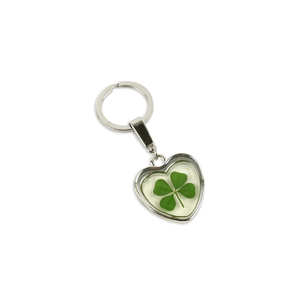 Clover Keyring - Fancy Resin Craft Art Pressed Real Four Leaf Clover Key Chain - Heart Shape