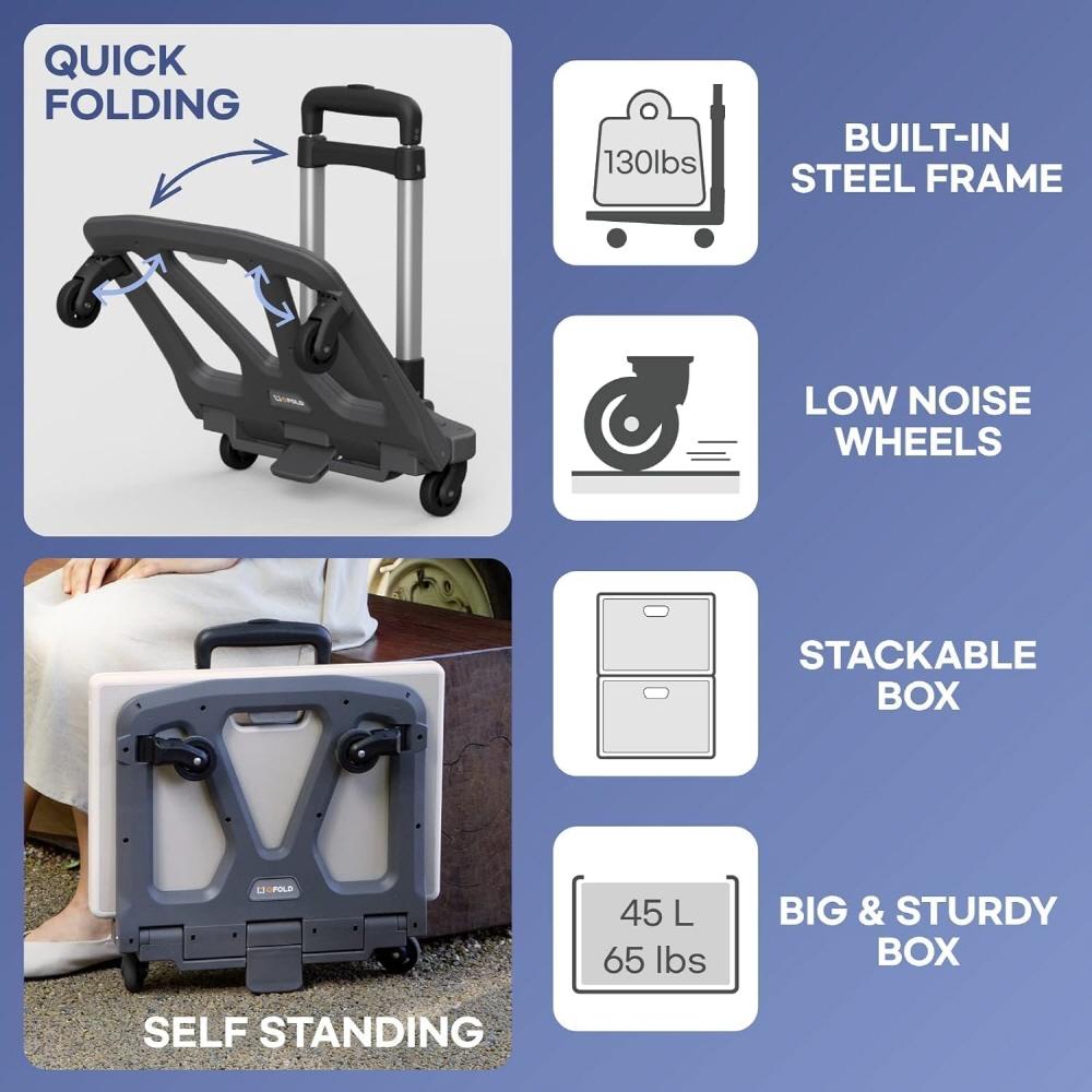 QFold Foldable Cart, Rolling Crate | Set of Folding Hand Truck and Collapsible Bin, Tiltable Handle